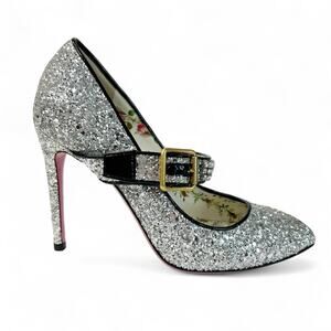 GUCCI Sylvie Silver Glitter Crystal Maryjane Pumps